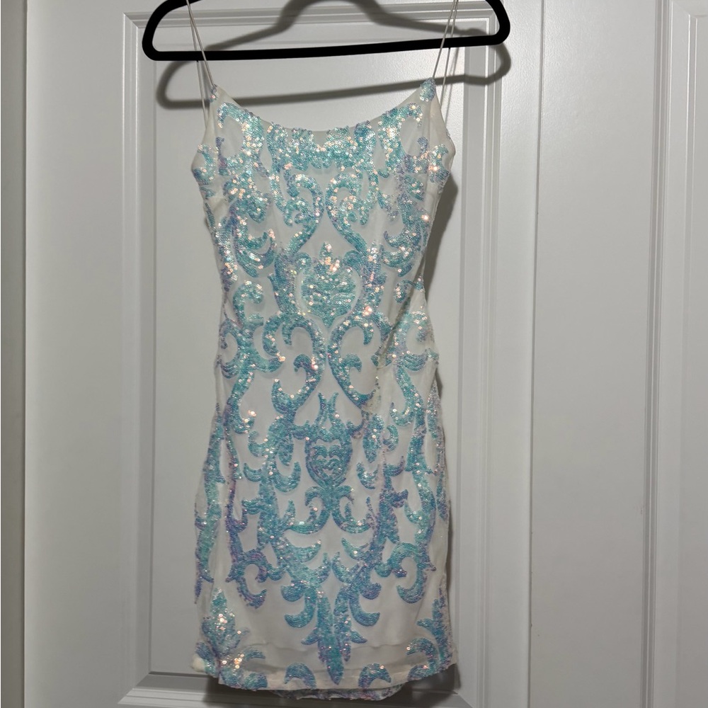 Macy's Blue and White Sequin Mini Dress